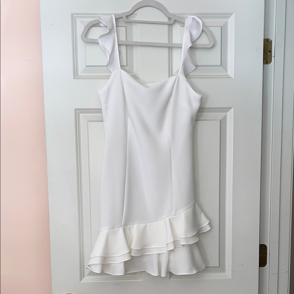 BCBGeneration White Textured Dress with Ruffle Detail